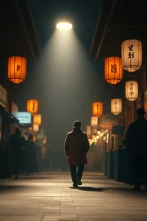 犯罪片《雾港信使》海报，浓雾中的港口集装箱与手电光